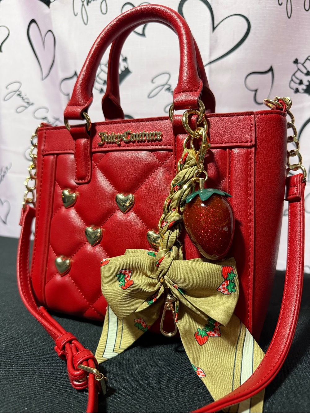 Juicy Couture Red Quilted Satchel with Gold Heart Studs and Strawberry Charm